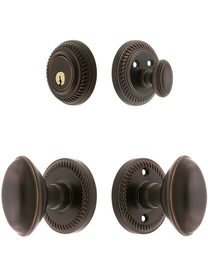 Grandeur Newport Entry Door Set, Keyed Alike with Oval Brass Knobs in Oil-Rubbed Bronze.